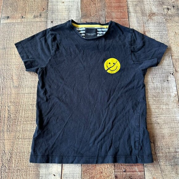 Black Denim & Flower Kids T-Shirt Smiley Face Hardcore Happiness Print Size 5/6 - Picture 1 of 8
